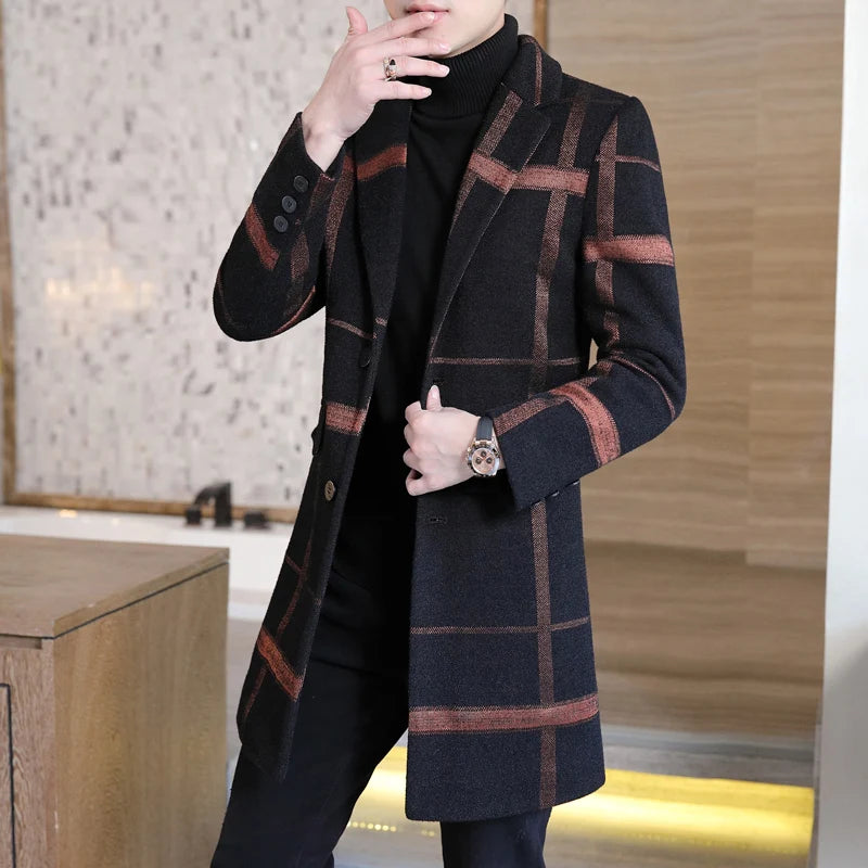 Woolen Coat Korean Version of Fashion Men's Mid-length 2023autumn and Winter New Slim-fit Coat Youth Business Casual Trench Coat