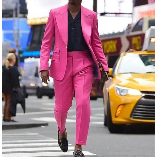 Fashion Hot Pink Men Suits Wedding Terno Clothing Single Breasted Peaked Lapel Double Pockets 2 Piece Jacket Pants Slim Fit