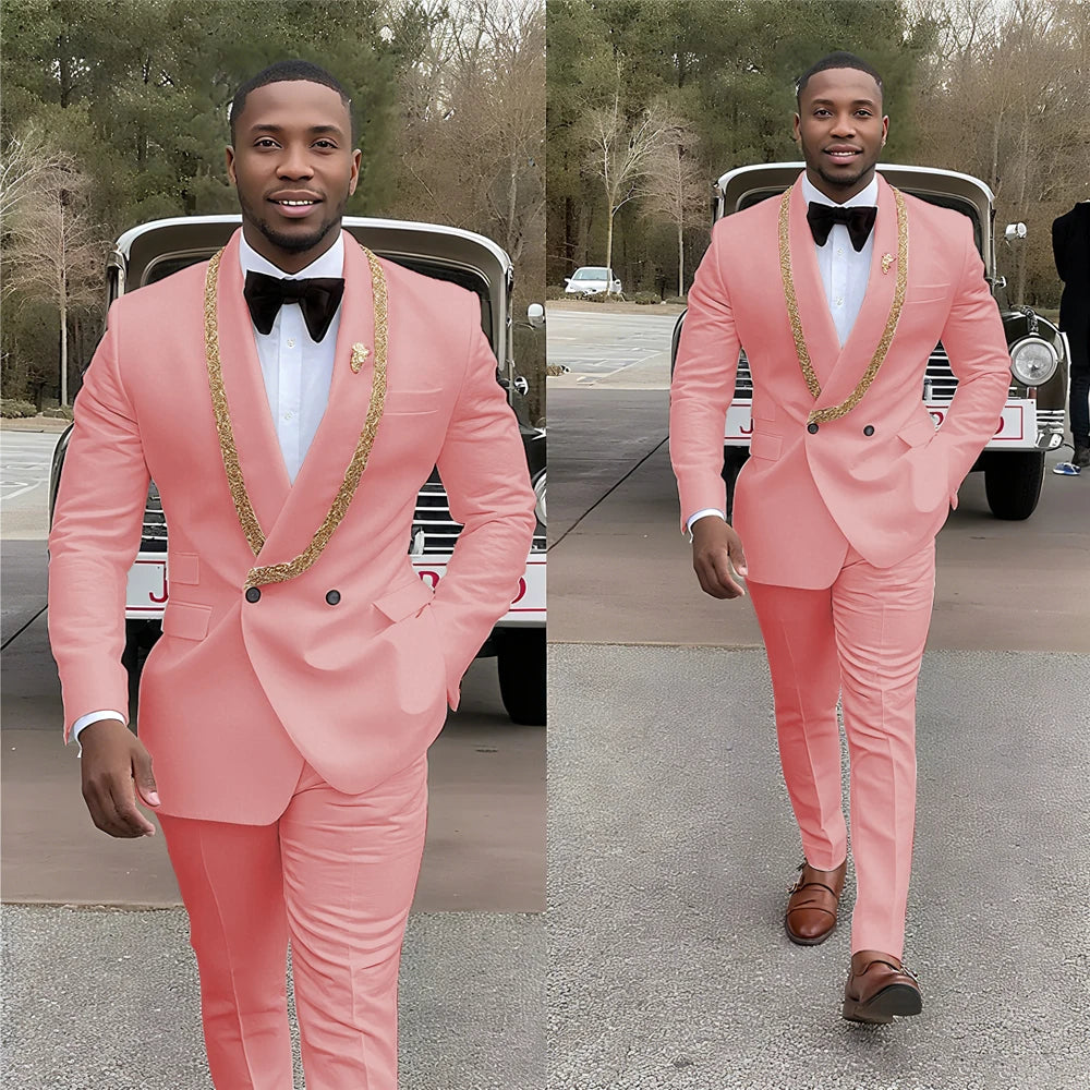 Handsome Men's Suits Double Button Shawl Lapel Solid Color Outfit Man Set 2 Piece Casual Daily Office Prom Male Clothing