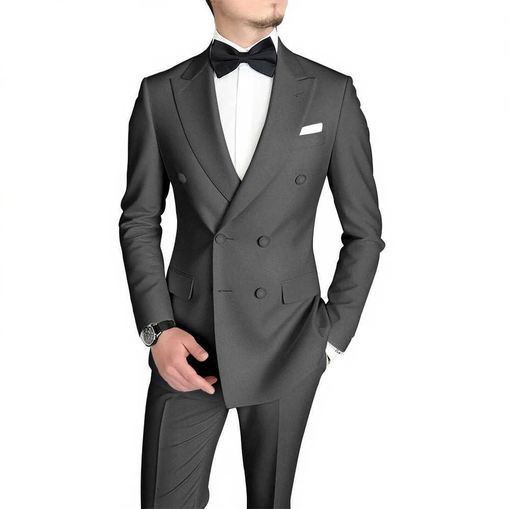 Classic Black Men's Suit Fashion Peak Lapel Double Breasted Outfits Wedding Groom Prom Business Formal Suit (Jacket+Pants)