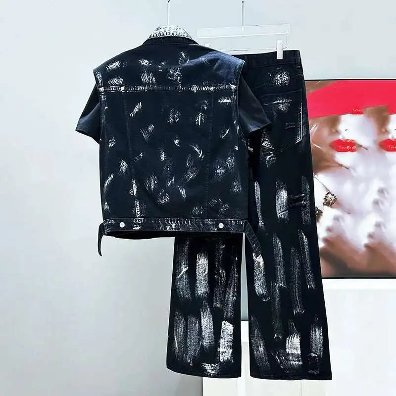 PFHQ Trendy Men Sets Sleeveless Graffiti Decoration Vest Jacket Straight-leg Trousers Handsome Male Two-piece 2025 New 21E5964