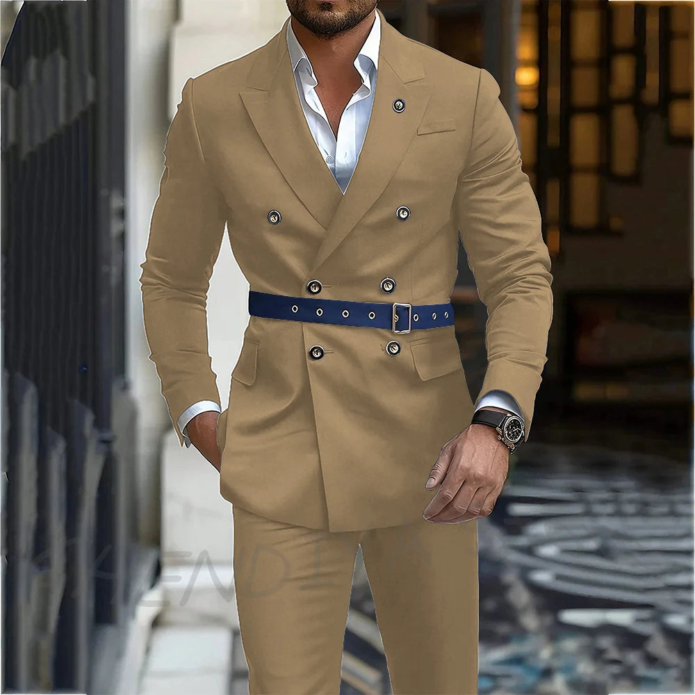 Navy Blue Men's Suit Classic Peak Lapel Blazer Double Breasted Formal Set Two Piece Business Casual Male Clothing Without Belt