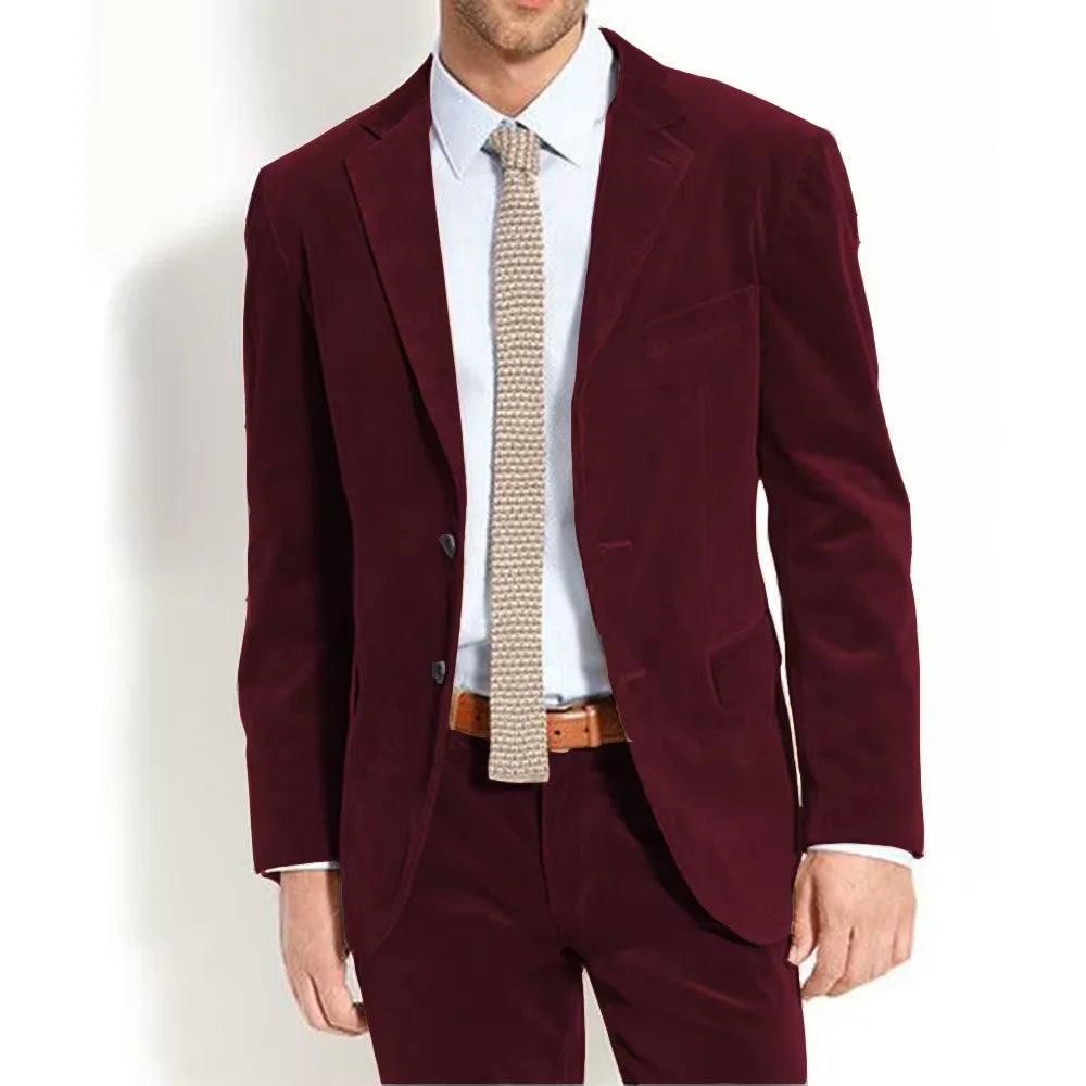 Men's Velvet Suit Vintage Solid Color Slim Fit Notched Lapel 2 Piece Jacket Pants Formal Set For Groom Wedding Business Casual