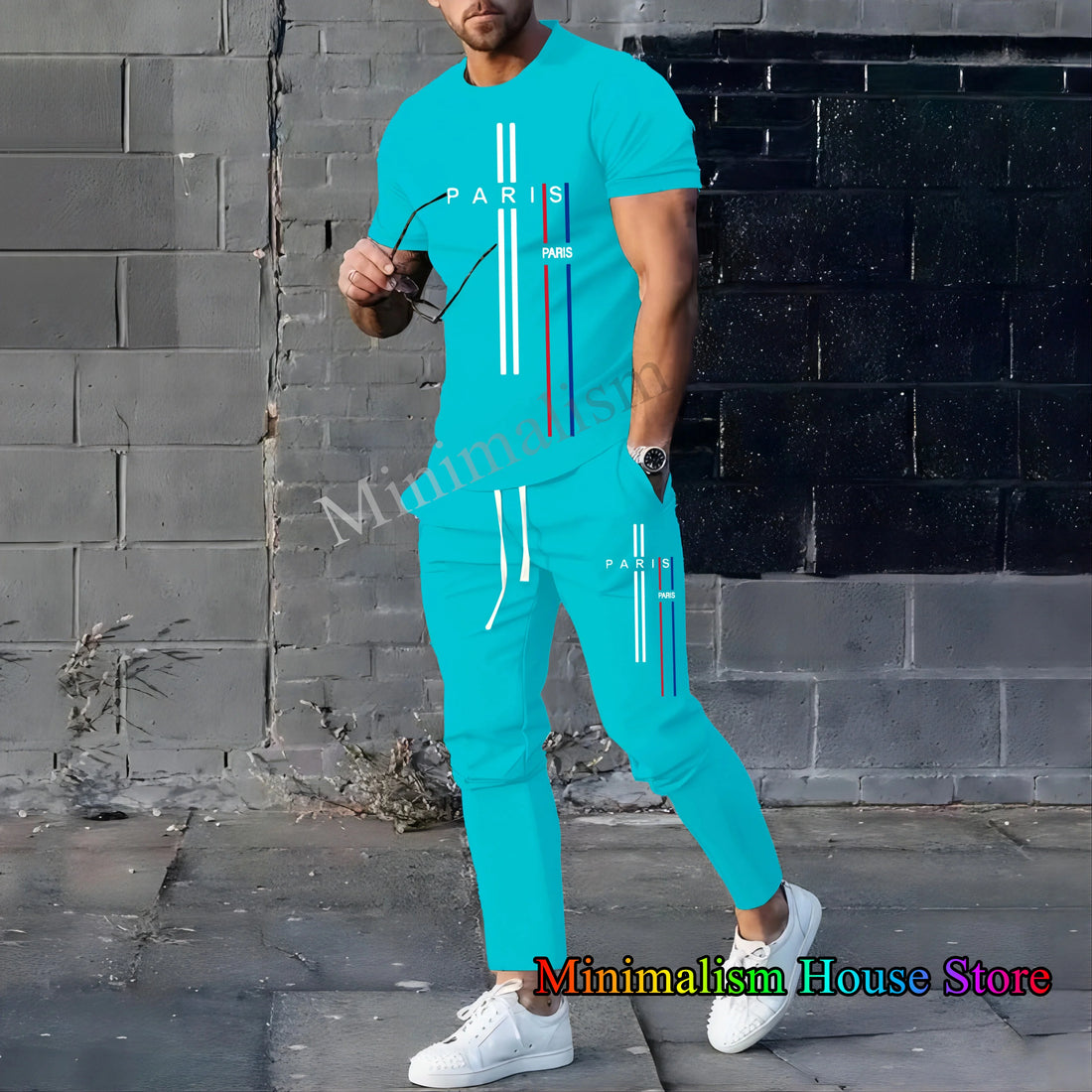 Summer Sportwear Suit Solid Color Short Sleeve T Shirt Long Pants Sets Men Tracksuit Paris Print Casual Sports Oversize Clothes