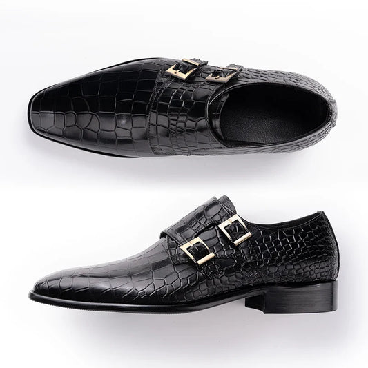 Casual Men's Shoes Black Slip-On Cowhide Pointed Toe Snake Printing Business Formal Office Double Buckle Monk Shoe Pure Handmade