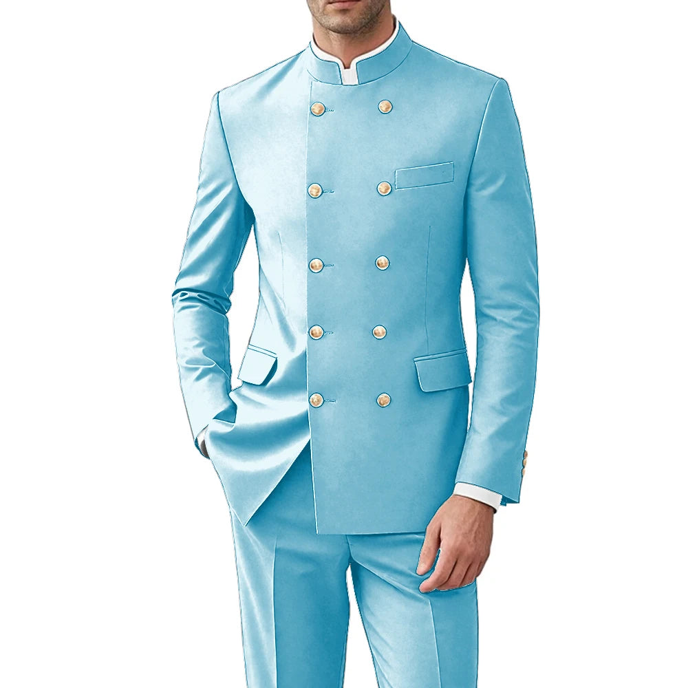 Solid Color Men Suits Formal 2 Pieces Double Breasted Stand Collar Balzer Pants Formal Party Business Wedding Set Customized