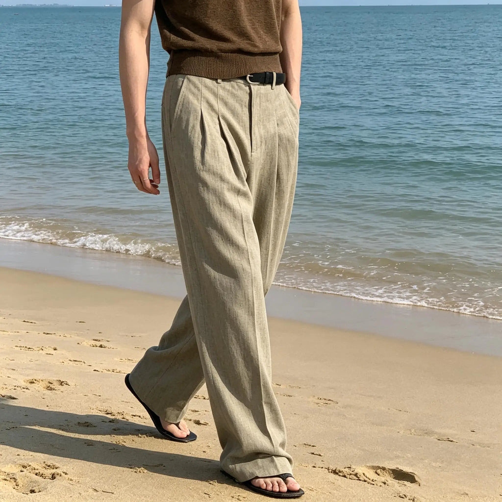 Men Linen Wide Leg Pants High Waist Pleated Casual Trousers Breathable Loose Straight Suit Pants Streetwear