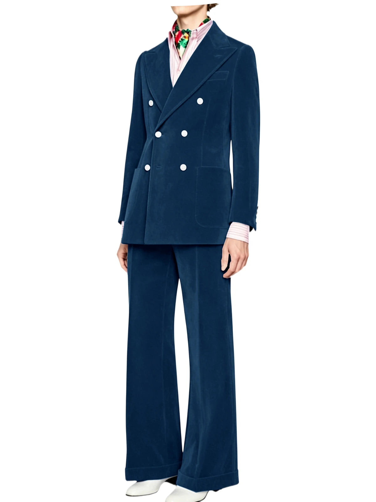 Men's Velvet Double Breasted 2 Piece Suit Set Slim Fit Peak Lapel Formal Straight Leg Pants Suit For Party Wedding Daily Wear