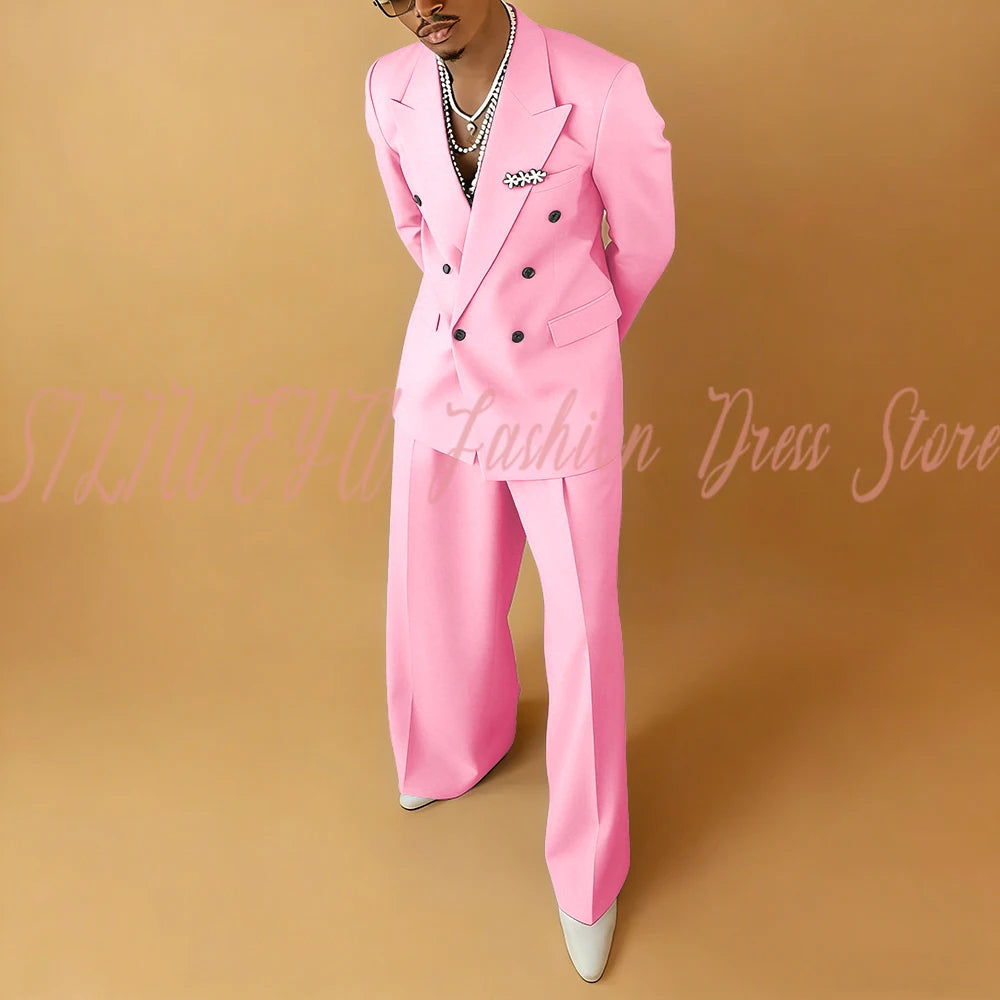 Double Breasted Men Solid Color Suit 2 Pieces Jacket Pants Business Casual Social Party Male Clothing Best Man Costumes Hommes