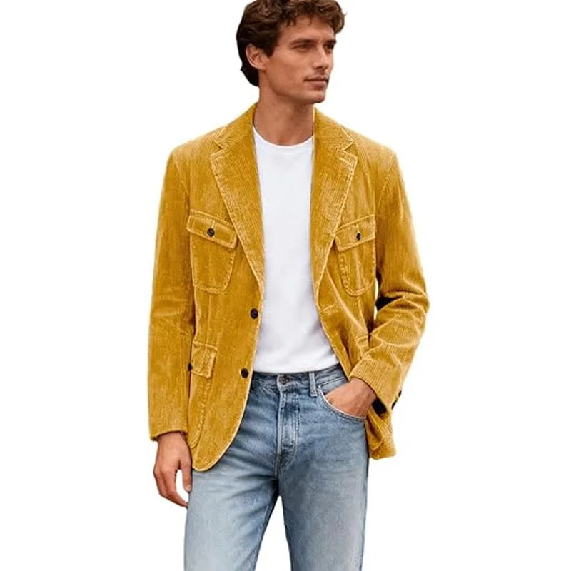 Vintage Men's Corduroy Casual Blazer Slim Fit Solid Color Black Brown Fashion Single Breasted Outerwear Customized Male's Jacket