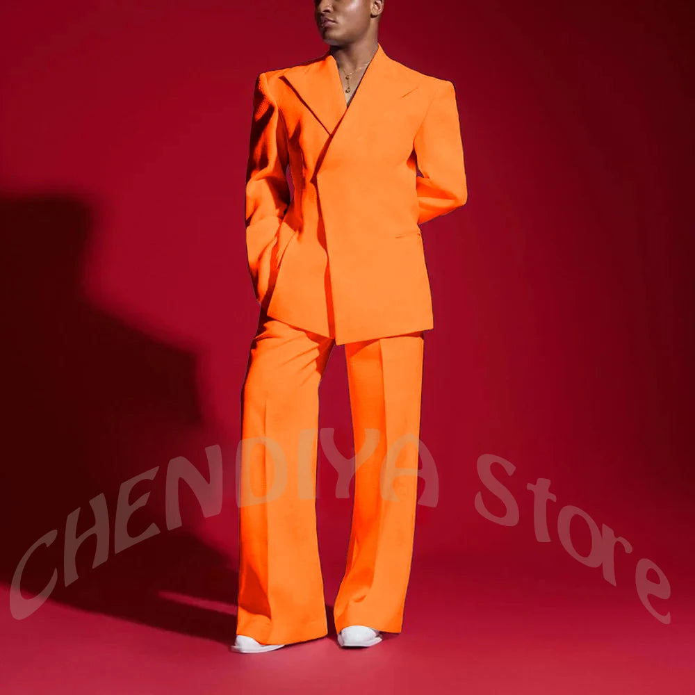 Elegant White Men Suit Peak Lapel Handsome Casual Male Clothing Two Pieces Jacket Pants Banquet Party Suits Set Straight