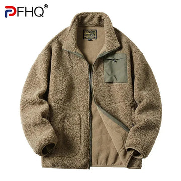 PFHQ Autumn Winter New Men's Lamb Coats Cotton Coat Thickened 2024 Long Sleeve Contrast Color Tops fashion 21Z7045