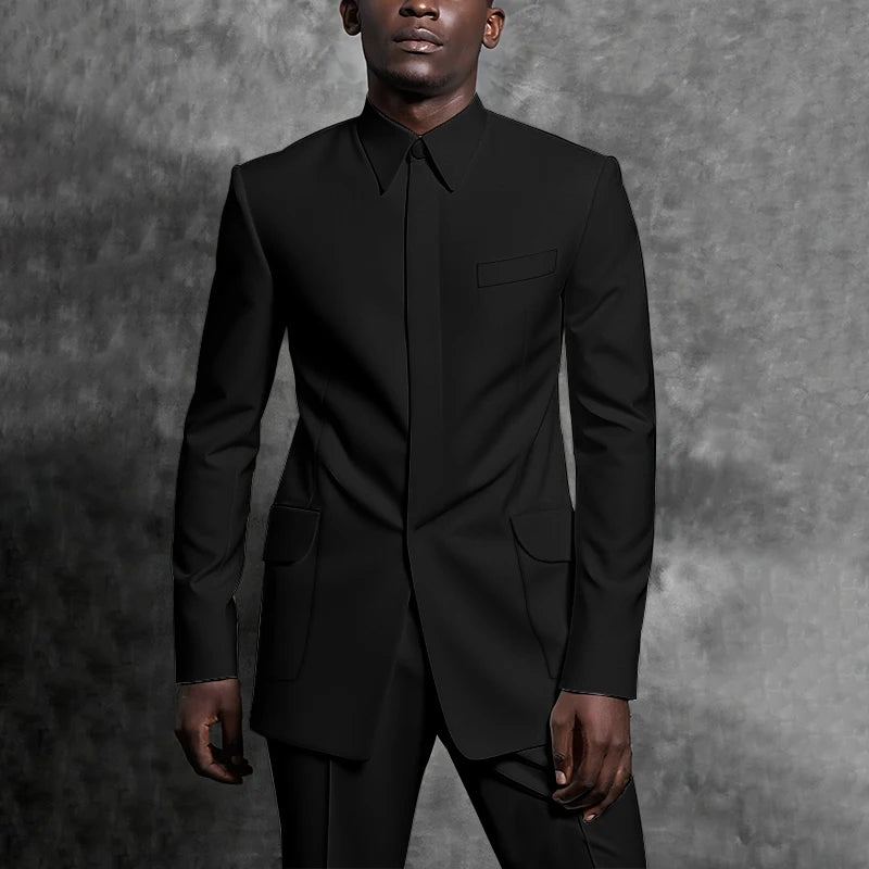 Tailored Suits Stand Collar Tuxedo Gentleman Solid Color Outfit Man Suit Set 2 Piece Smart Casual Daily Office Male Clothing