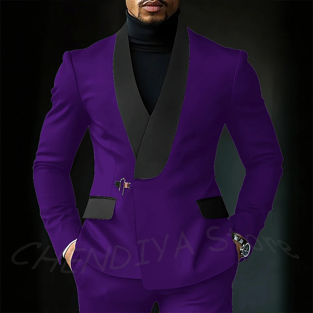 Contrast Color Men's Suit Set 2 Piece Elegant Shawl Lapel Slim Fit Formal Outfit Business Casual Jacket Pants Customized