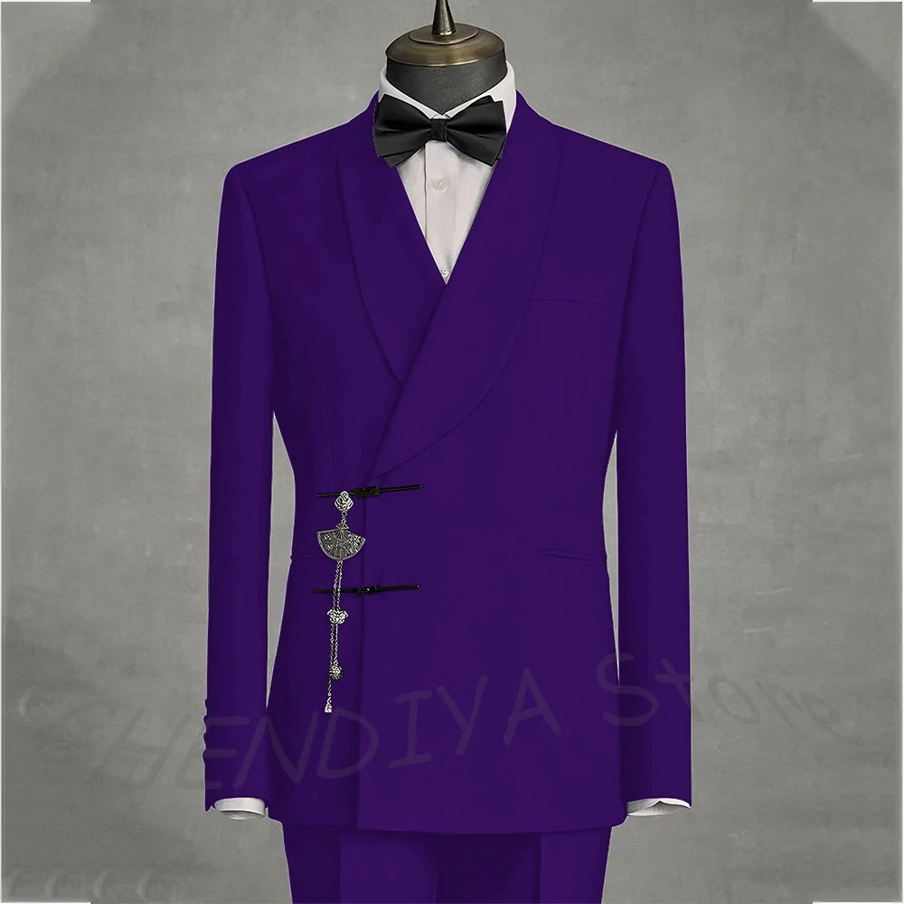 Solid Black Men's Suits Slim Fit Double Button Business Pants Suit Tailored Prom Party Wedding 2 Piece Jacket With Pants