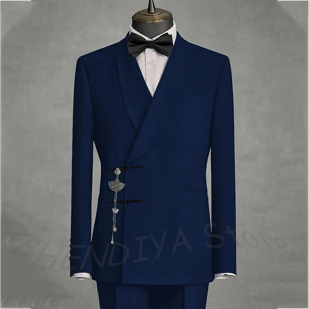 Solid Black Men's Suits Slim Fit Double Button Business Pants Suit Tailored Prom Party Wedding 2 Piece Jacket With Pants