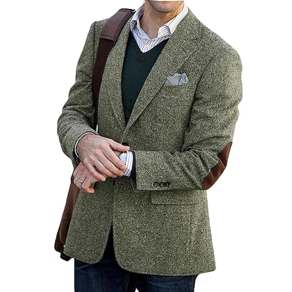 Men's Tweed Blazer Notched Lapel Wool Blend With Elbow Patches Casual Suit Jacket For Business Wedding Daily Wear Party