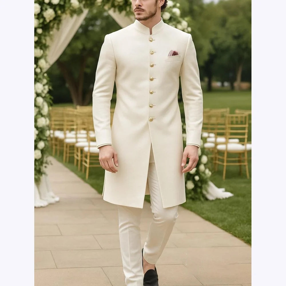 Slim Fit Men Suits Classic Single Breasted Long Jacket Pants Fashion Outfit Stand Collar High Quality Male Suit Set 2 Piece