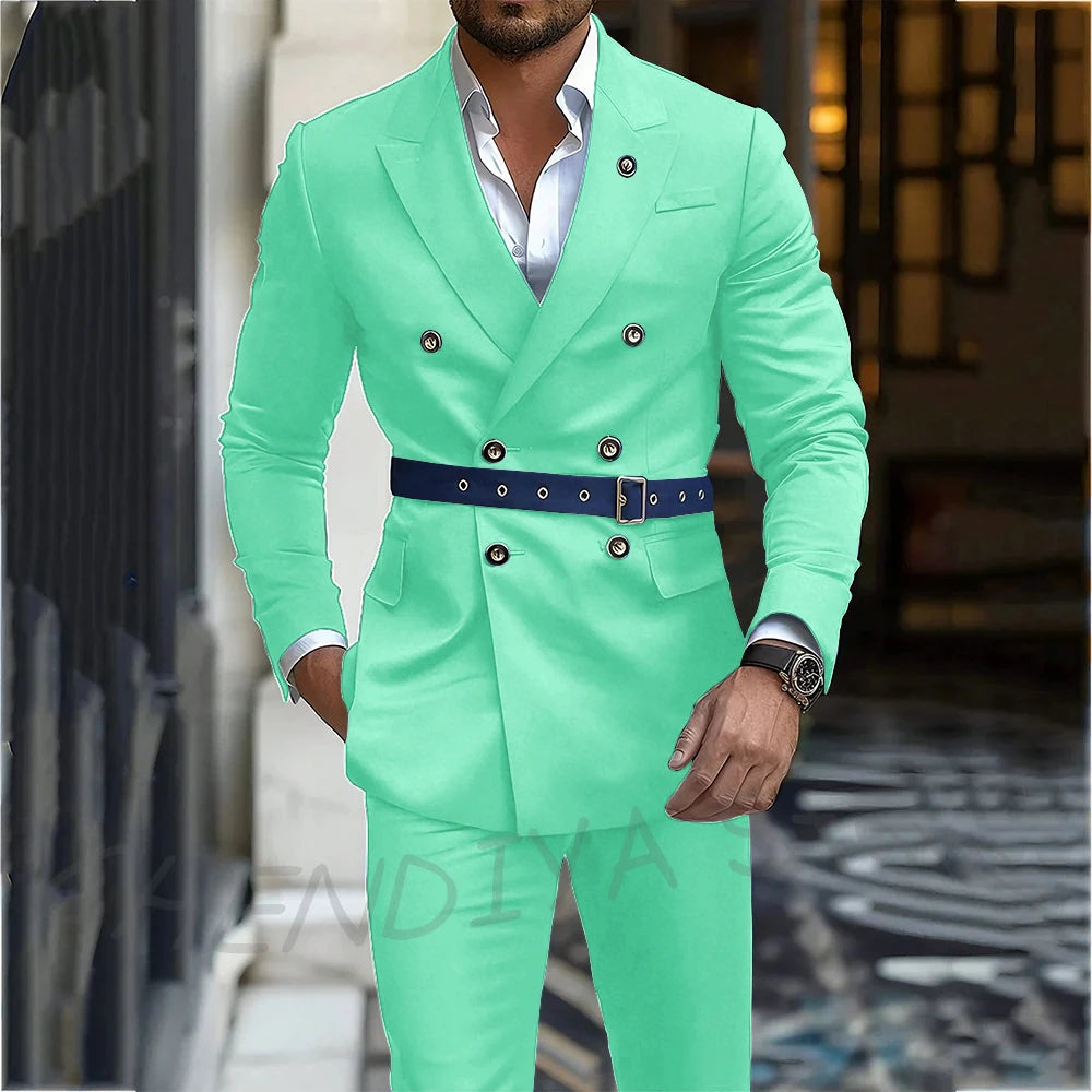 Navy Blue Men's Suit Classic Peak Lapel Blazer Double Breasted Formal Set Two Piece Business Casual Male Clothing Without Belt