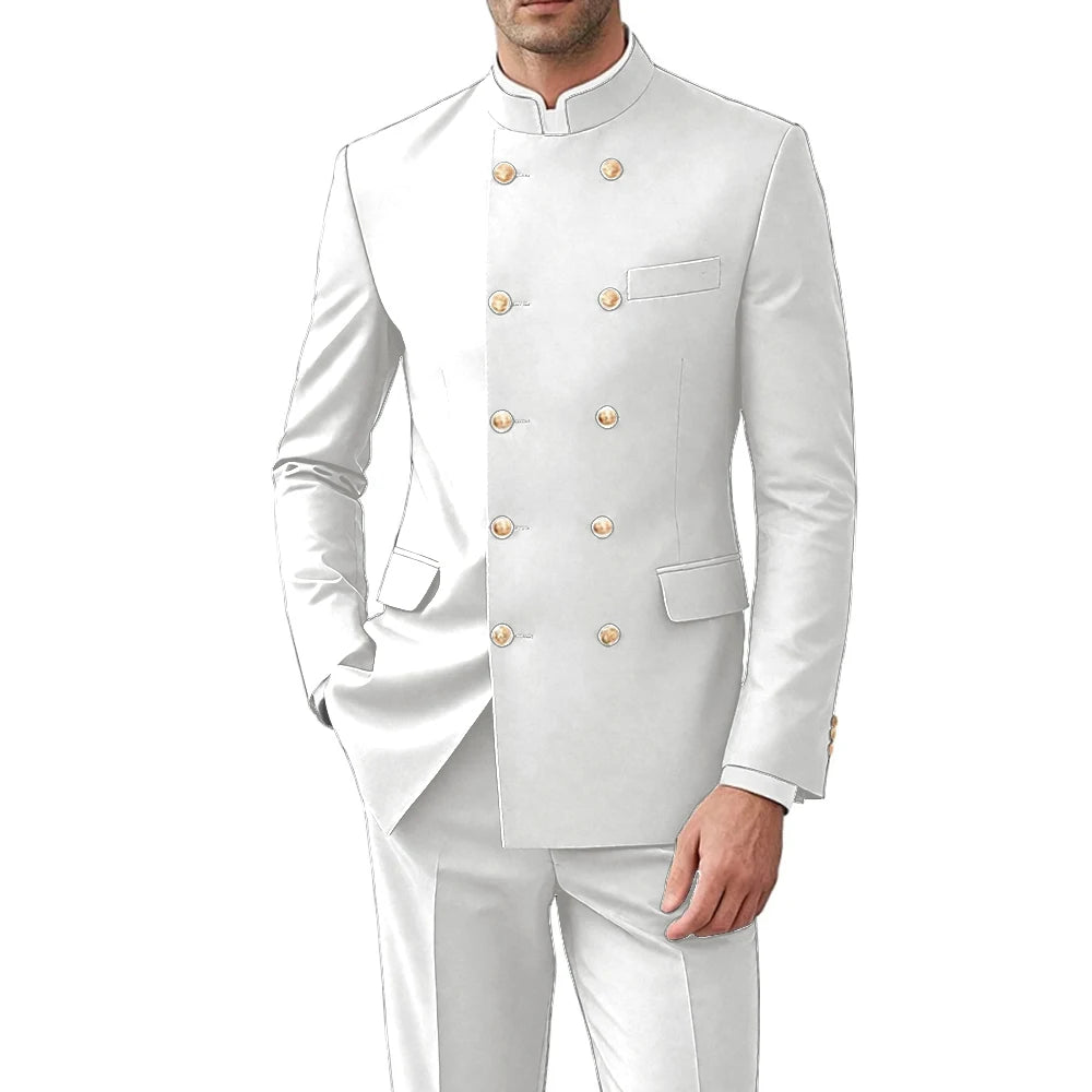 Solid Color Men Suits Formal 2 Pieces Double Breasted Stand Collar Balzer Pants Formal Party Business Wedding Set Customized