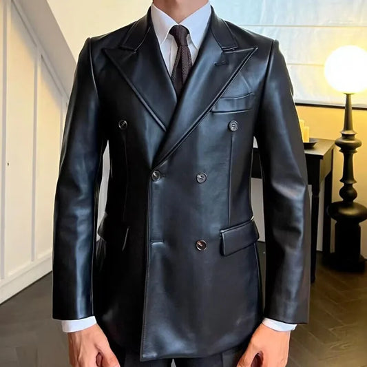 Fausse veste de blazer en cuir manteau en cuir noir chaquetas décontractée Hombre Motorrad Blazer à poitrine mono-pont veste en cuir