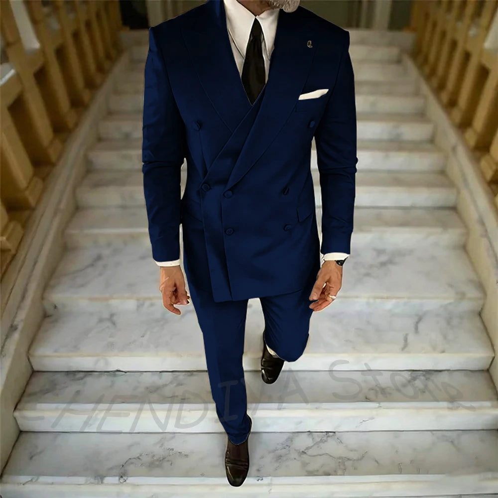 High Quality Peaked Lapel Suit For Men Double Breasted Gentleman Wedding Groom Tuxedo Custom Man Fashion Clothes Set Two Pieces