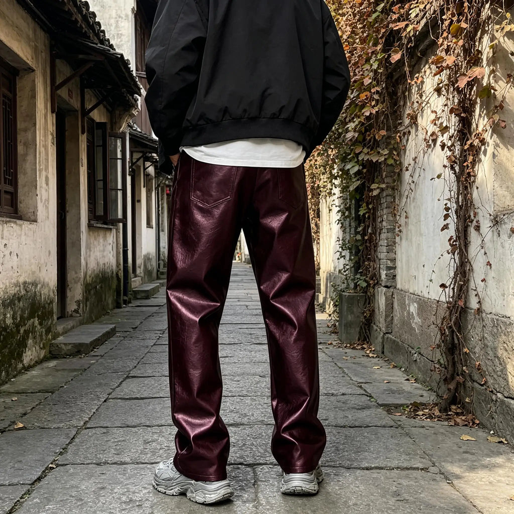 Men's Faux Leather Wide Leg Pants High Waist Loose Straight Trousers Hip Hop Streetwear Club Party Casual Bottoms