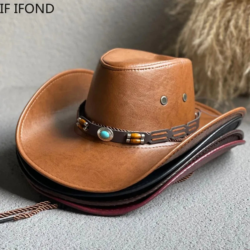 Faux Leather Western Cowboy Hats For Women Men Vintage Gentleman Dress Hats Panama Cowgirl Jazz Cap Sombrero Hombre