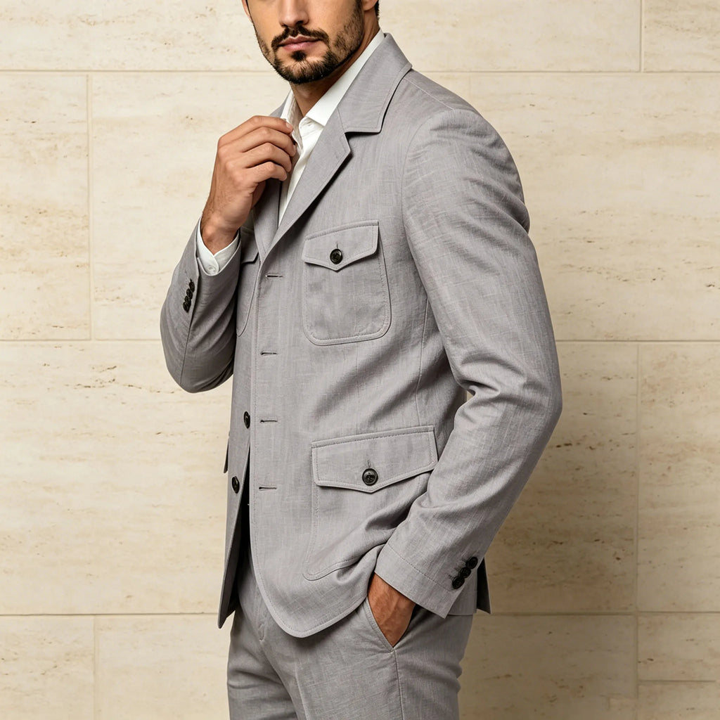 Men's Grey Linen Blend Suit 2 Piece Multi Pocket Peak Lapel Blazer pants Set Lightweight formal Suit for Summer Business Casual