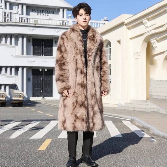 PFHQ Men's Imitation Fur Coat Long Knee Length Autumn Winter 2024 Turn-down Collar Contrast Color Male Tops Fashion 21Z7624