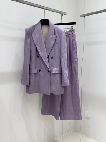 Spring and summer new light purple office women's linen suit elegant double breasted suit jacket long pants two-piece set