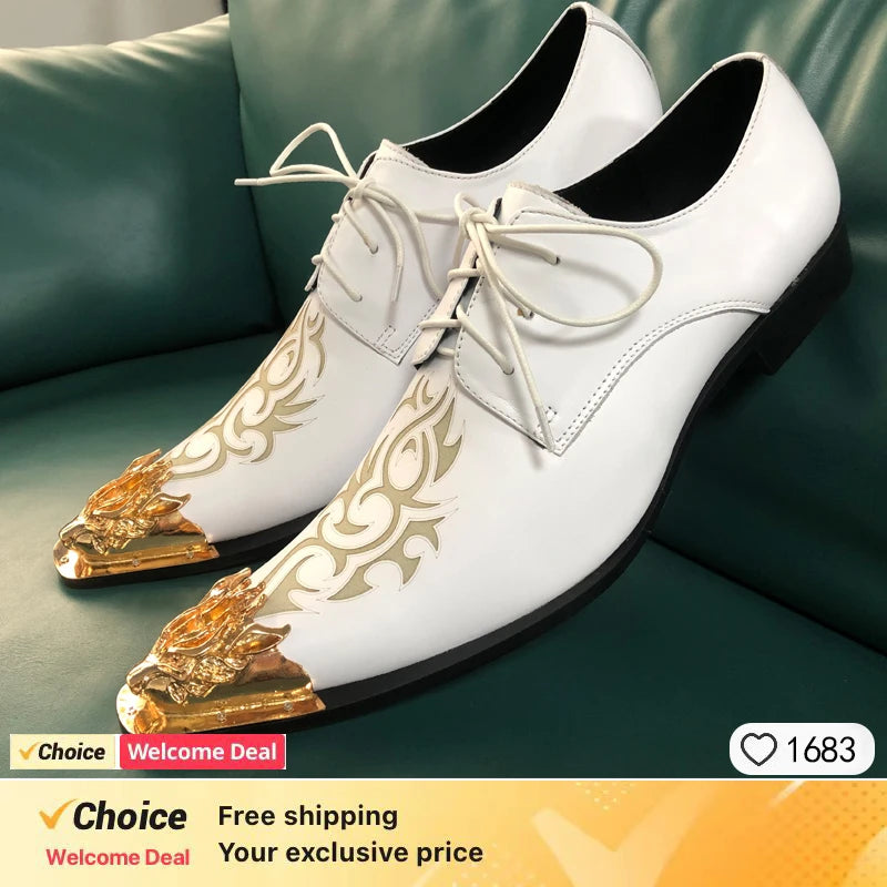 New Handmade Men white Gentleman Luxury shoes and Gold Top Fashion Prom and Banquet men dress shoes men's flats