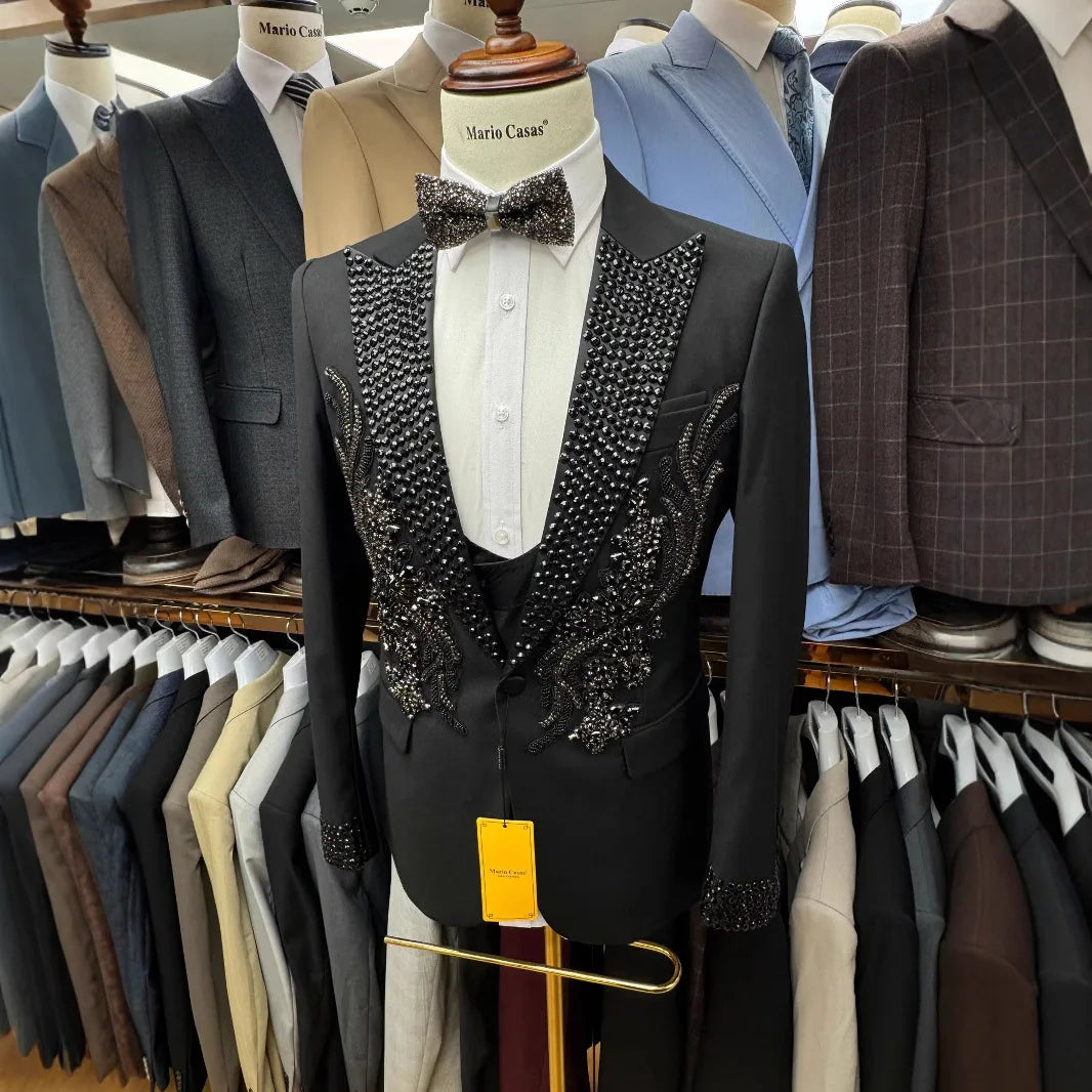 Luxury Beaded Suit Set for Men, Wedding Groom Best Man Blazer Vest Pants Set, XS-3XL Men's Formal 3-Pieces Suits