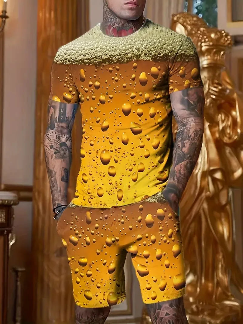 Oversized Beer 3d Pattern Suits Mens Novelty 2pcs Outfits Comfy T-shirt And Casual Shorts Set 2025 New Arrival Summer Tracksuit