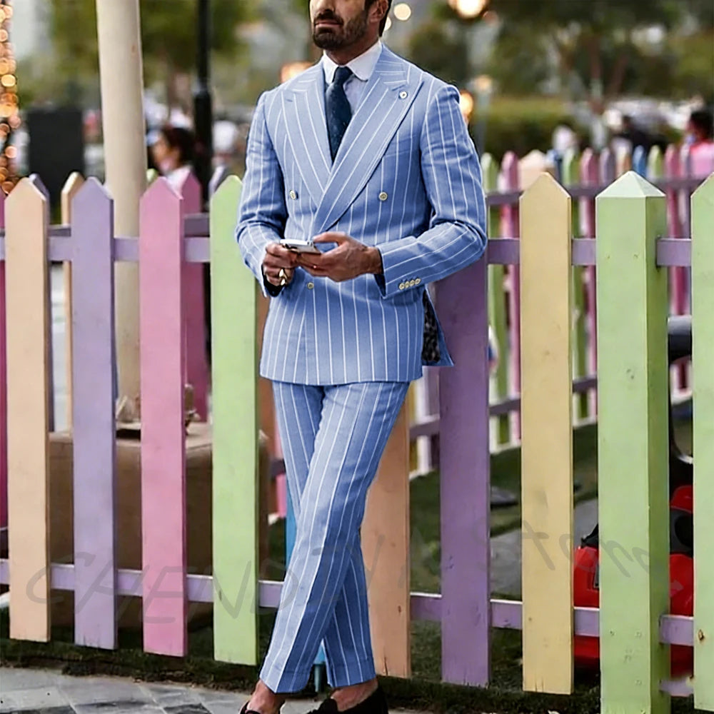 Light Purple Striped Men Suit England Style Peaked Lapel Double Breasted Classic Male Clothing Wedding Groom Tuxedo Custom Set