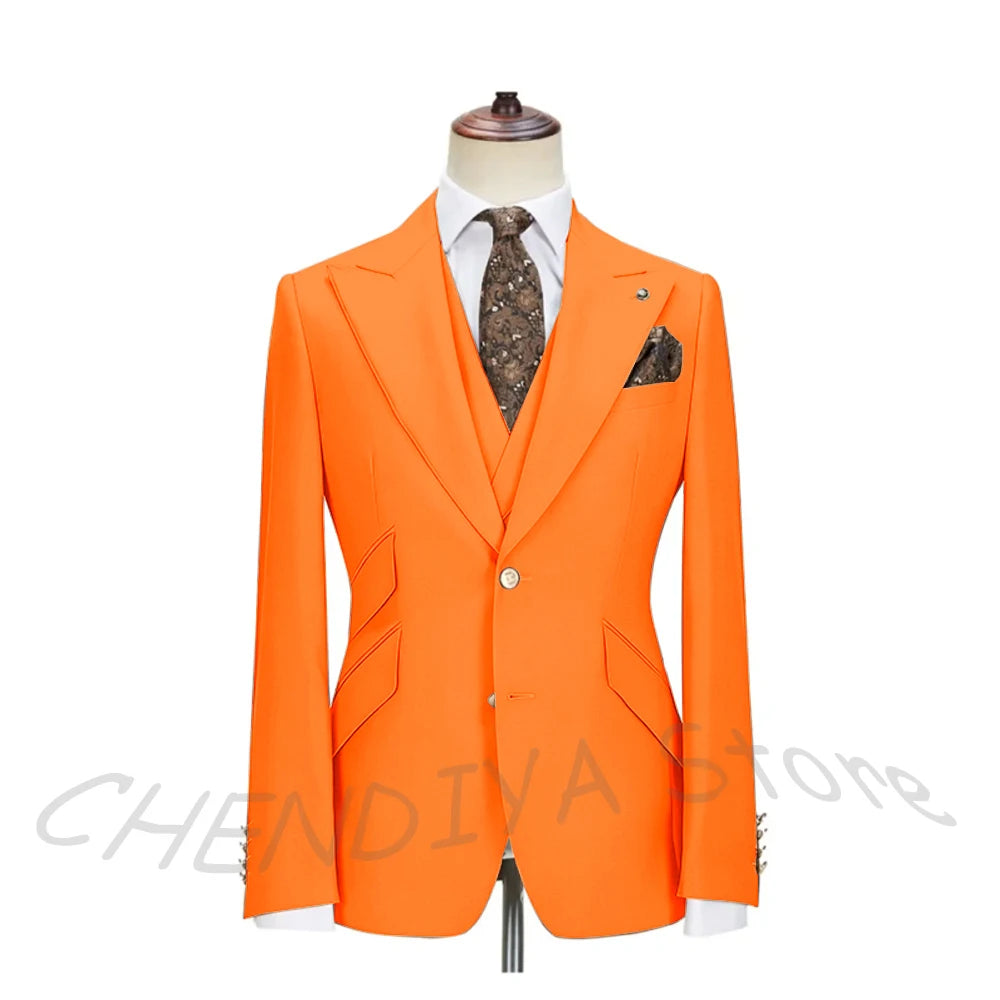Solid Color Men's Suits 3 Piece (Blazer+Pants+Vest) Fashion Peak Lapel Single Breasted Prom Male  Business Casual Clothing
