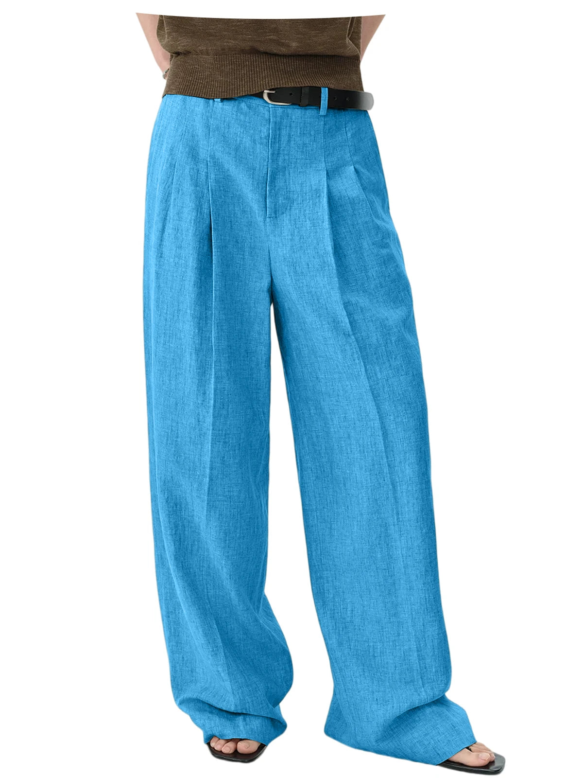 Men Linen Wide Leg Pants High Waist Pleated Casual Trousers Breathable Loose Straight Suit Pants Streetwear