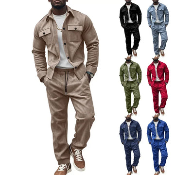 Autumn and Winter Cross-border American Heavy Jacket Casual Pants Two-piece Set Solid Color Men's Suede Suit Men's Two Piece Set