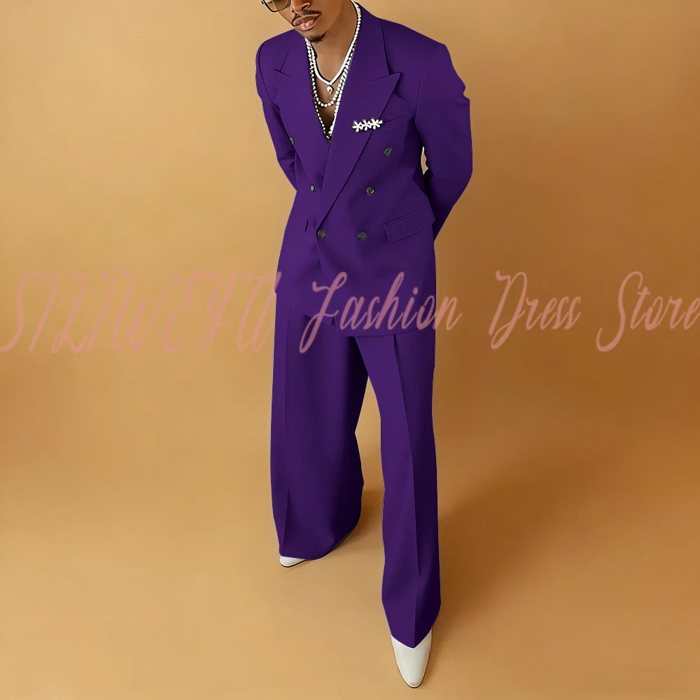 Double Breasted Men Solid Color Suit 2 Pieces Jacket Pants Business Casual Social Party Male Clothing Best Man Costumes Hommes