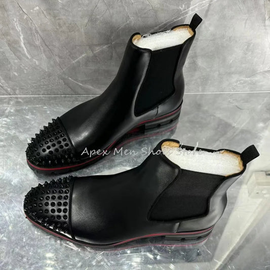 Rendy Round Toe Rivet Men's Chelsea Boots Autumn Winter Versatile Low Heel Leather Non Slip Handmade Shoes Vintage Men Boots