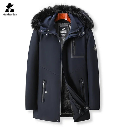 2024 Winter Jacket Men's High-end Retro Windproof Warm Big Fur Collar Hooded Cotton Padded Coat British Style Trendy Thick Parka