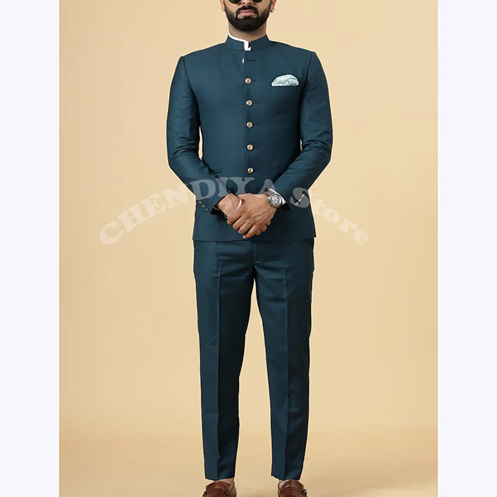 Solid Green Men's Suits Stand Collar Single Breasted Jacket Pnats Slim Fit 2 Piece Daily Office Business Occasion Formal Blazer