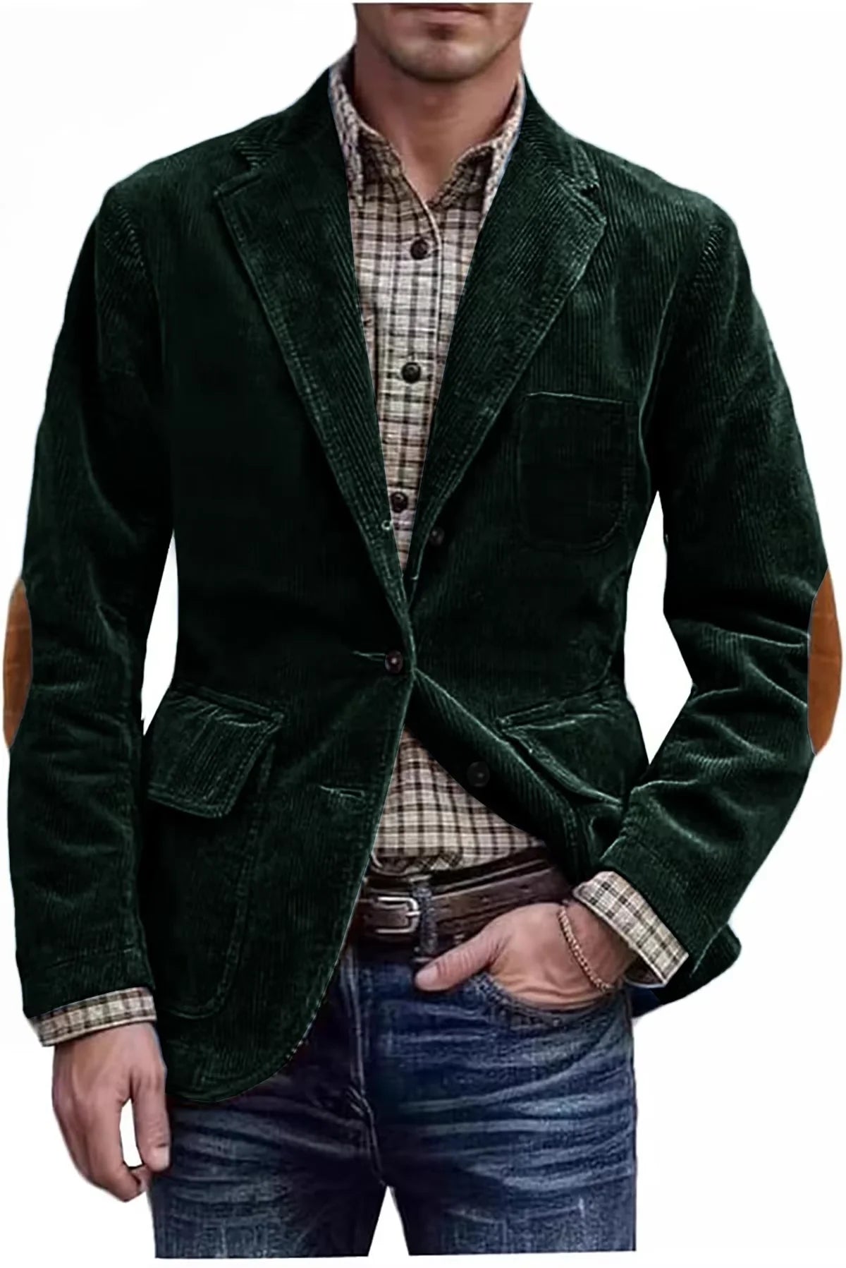 Men's Hunting Corduroy Blazer with Elbow Patches Vintage Tan Notched Lapel Casual Jacket British Slim Fit Daily Work Suit Coat