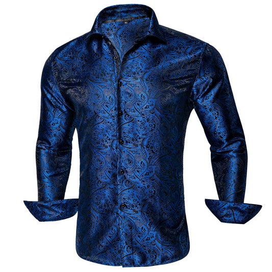 Hi-Tie Luxury Navy Blue Silk Mens Shirts Lapel Long Sleeve Social Shirt Jacquard Floral Male Blouse Clothing Wedding Business