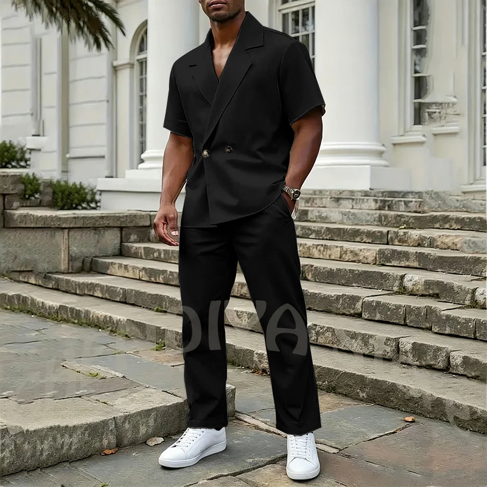 Stylish Men's 2 Piece Sets Notch Lapel Double Button Short Sleeves Blazer Suit Straight Fit Summer Casual Fashion Outfit
