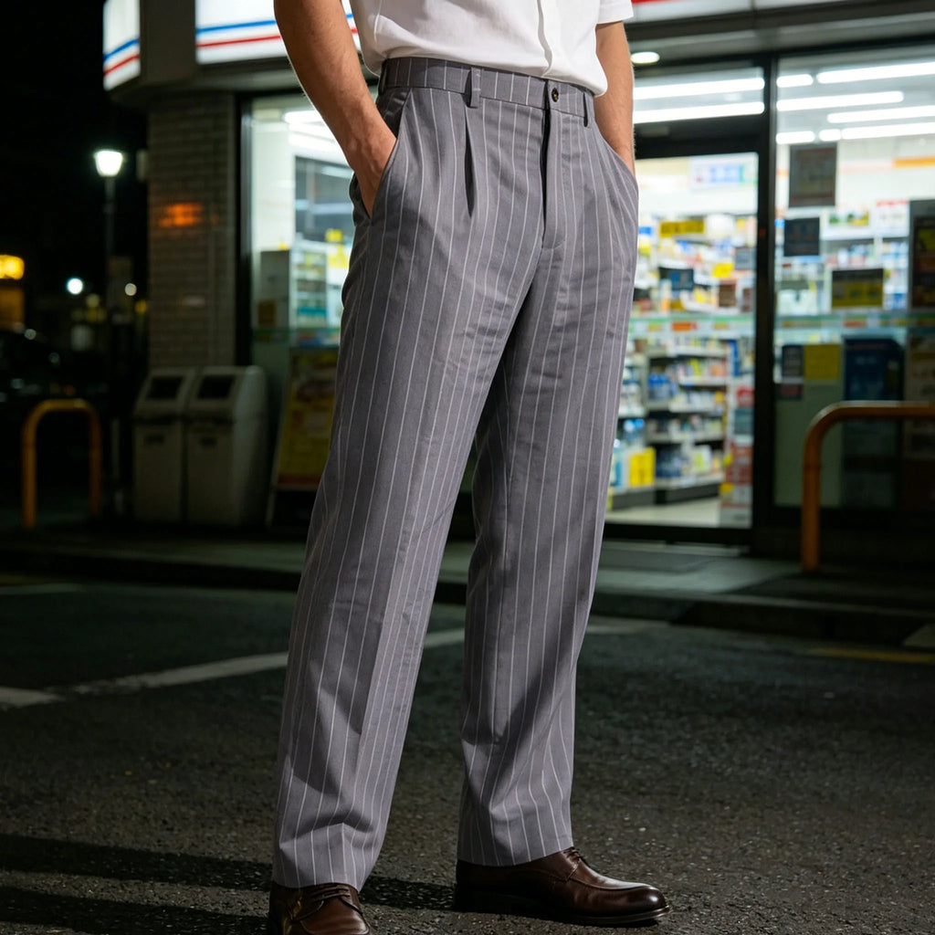 Men's Pinstripe Linen Pants Solid Color Loose Fit Half Elastic Waist Straight Leg Trousers Breathable Soft  For Summer Beach