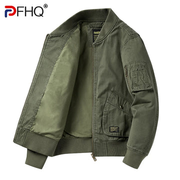 PFHQ Men Bomber Jacket Autumn Winter Cotton Workwear Motorcycle 2024 Solid Color Pocket Design Male Tops Fashion 21Z7121