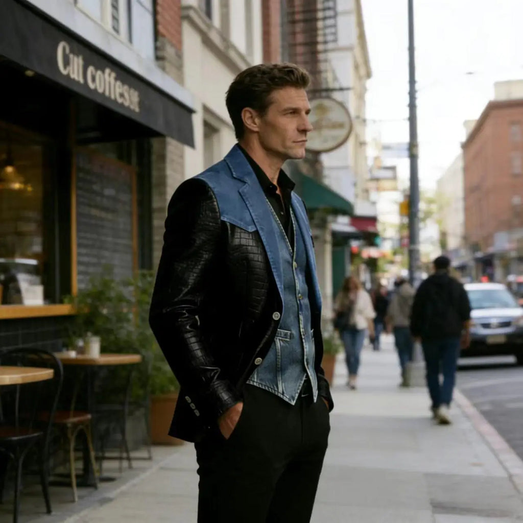 Men's Patchwork Denim & Crocodile Leather Blazer Two-Tone Western Style Suit Jacket Vintage Casual Fashion Coat