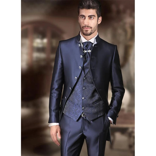 New Formal Men Suit Navy Blue 3 Piece(Jacket+Pants+Vest) Wedding Suits For Male Jacquard Slim Fit  For Groom Custom Set