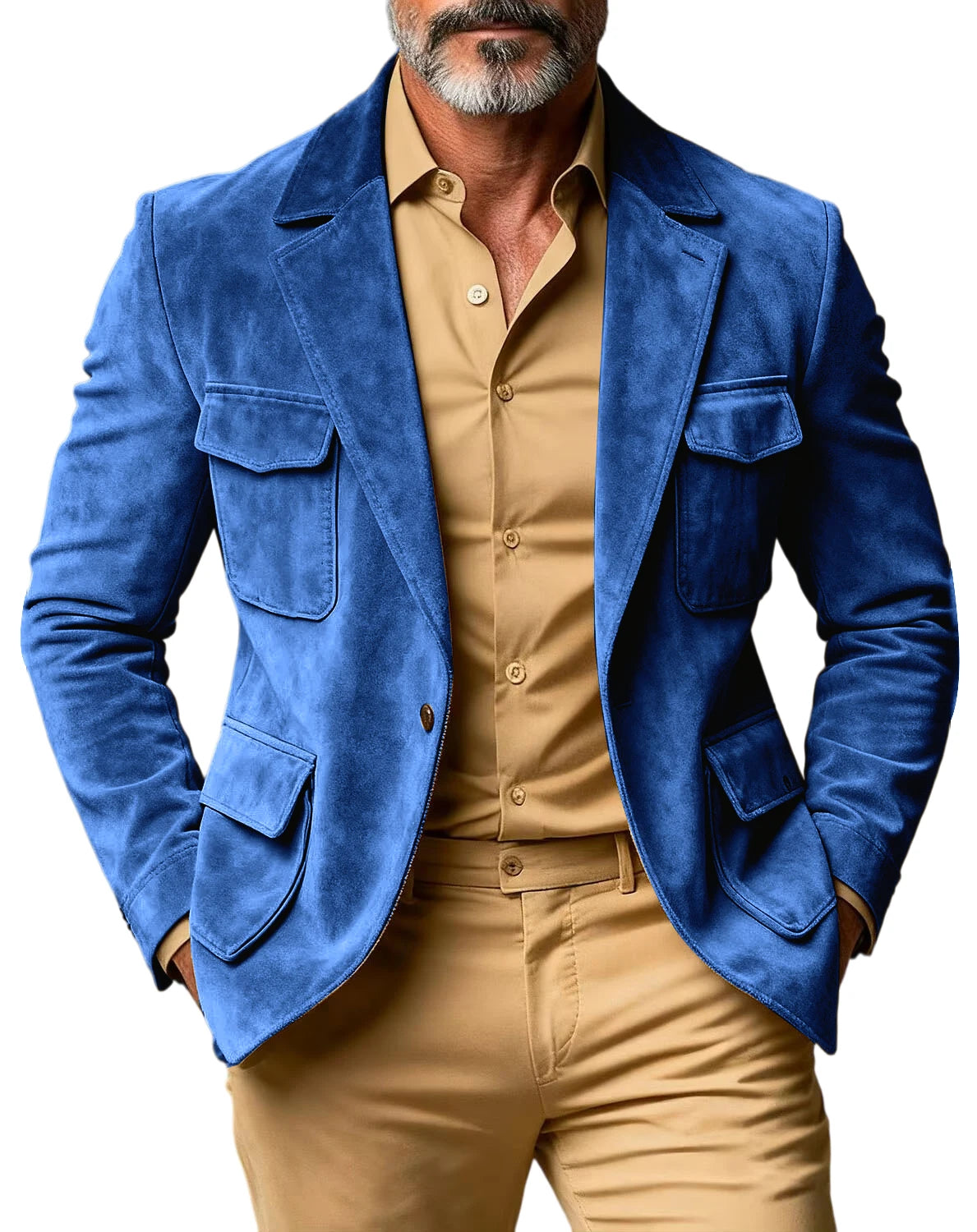 Men's Suede Safari Blazer Slim Fit Notch Lapel Multi-Pocket Hunting Jacket Autumn Winter Casual Business Sport Coat